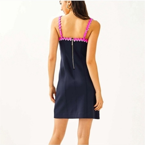 LILLY PULITZER SHELLBEE True Navy Blue Pink Ric Rac Scuba Lined Dress - Picture 3 of 16